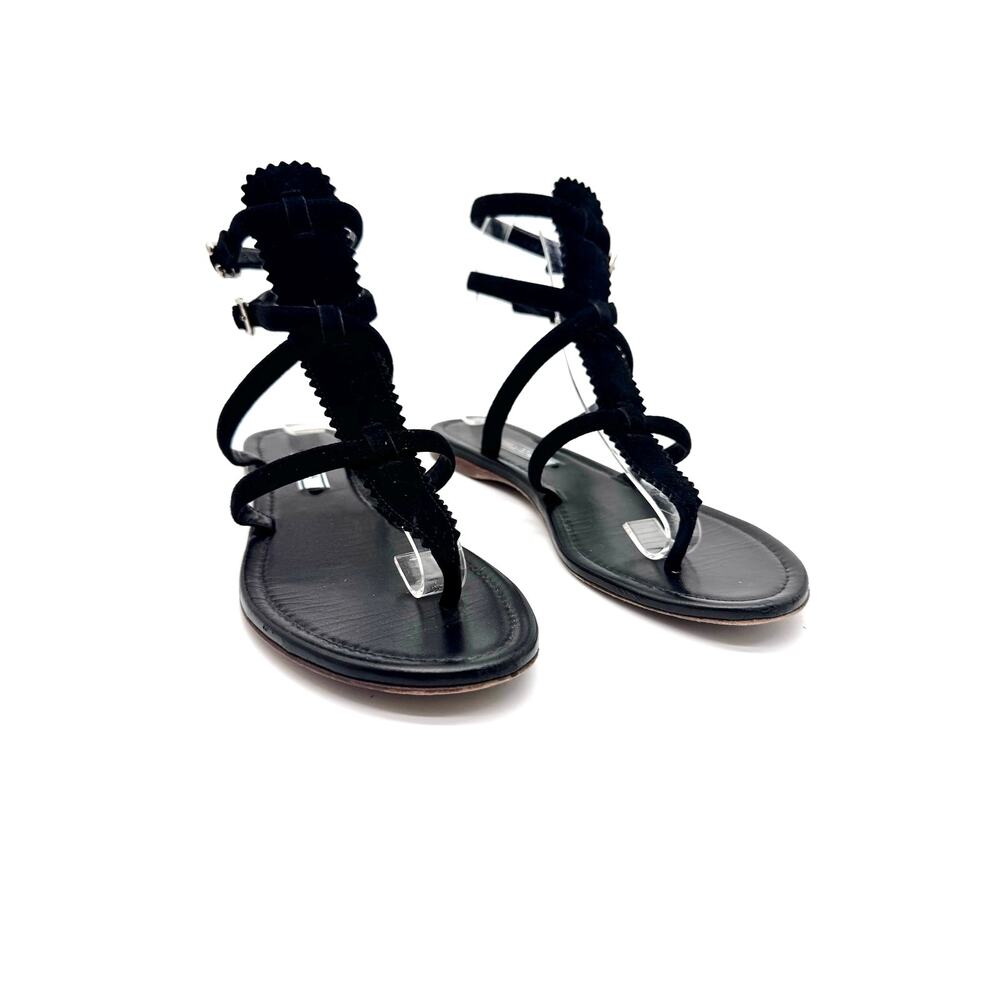 Prada Black Leather T Strap Flat Sandals Ruffled Trim Ankle Buckle EU 38